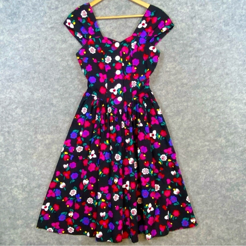 Robbie Bee 80s Vintage Floral Dress Size 4P Pink Red Black Floral A-line Pleated